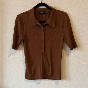 Ralph Lauren Chocolate Brown Ribbed Button Down Knit Shirt